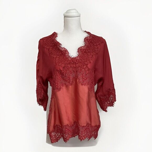 Anthropologie Moulinette Soeurs Satin Viscose Blouse Lace Orange Rust Medium - Picture 2 of 11